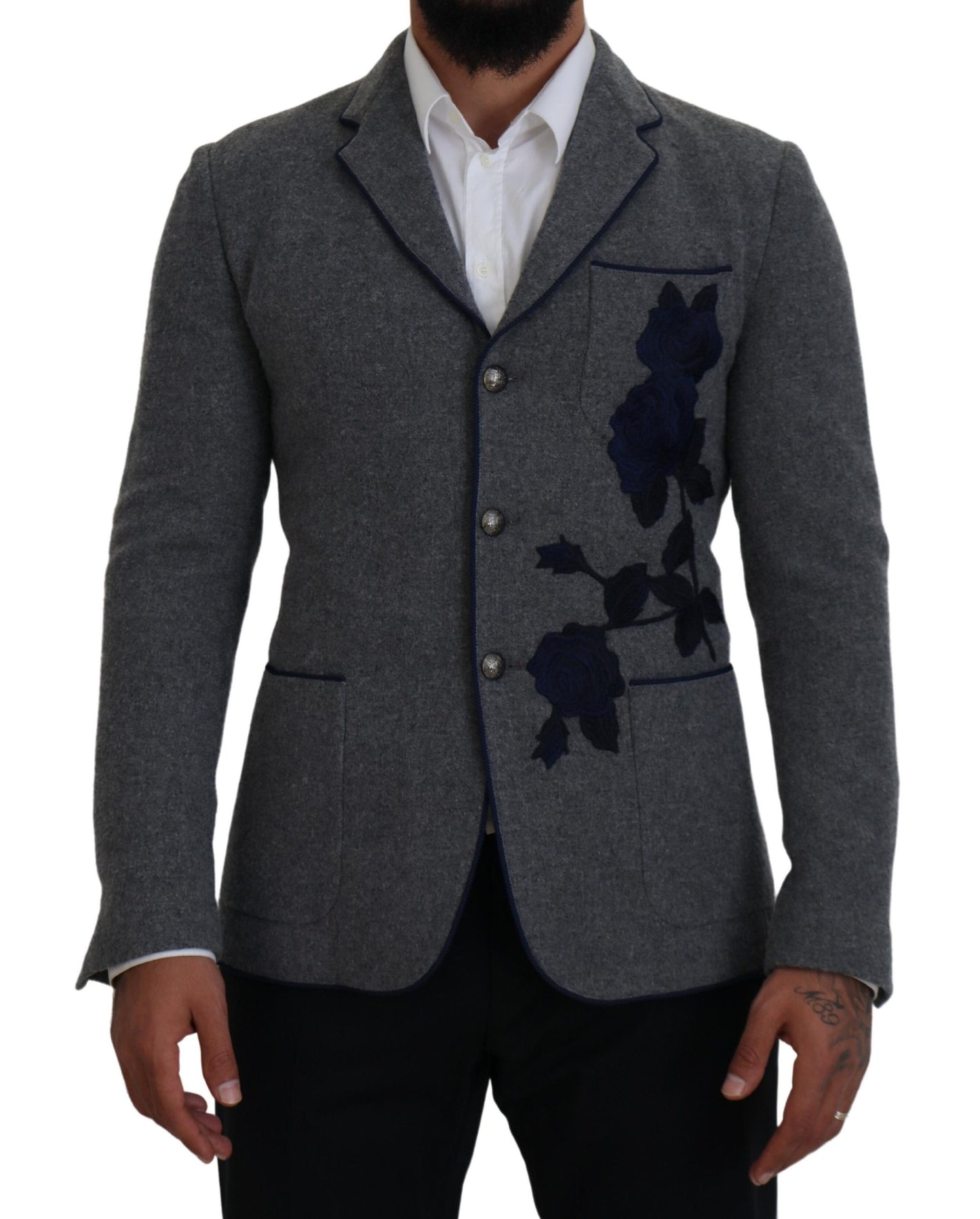 Dolce & Gabbana Graue Wolle Rosen Slim Fit Jacke Blazer