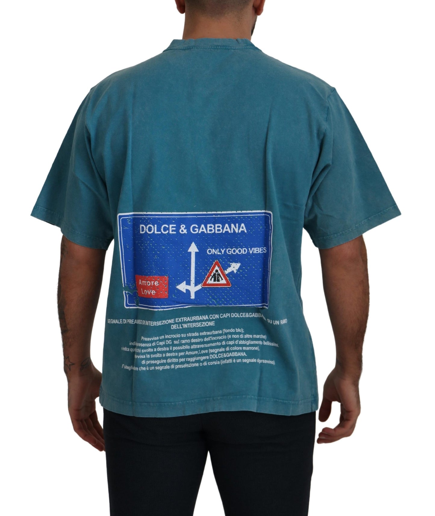 Dolce & Gabbana Blaues Baumwoll-T-Shirt mit Logodruck und Rundhalsausschnitt