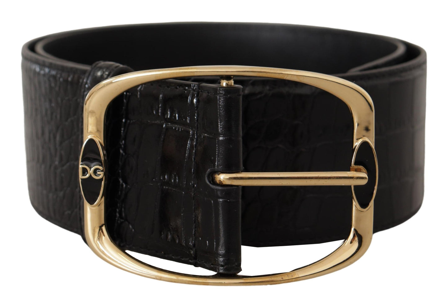 Dolce & Gabbana Schwarzer Krokodil Print Gold Metall DG Logo Schnalle Gürtel