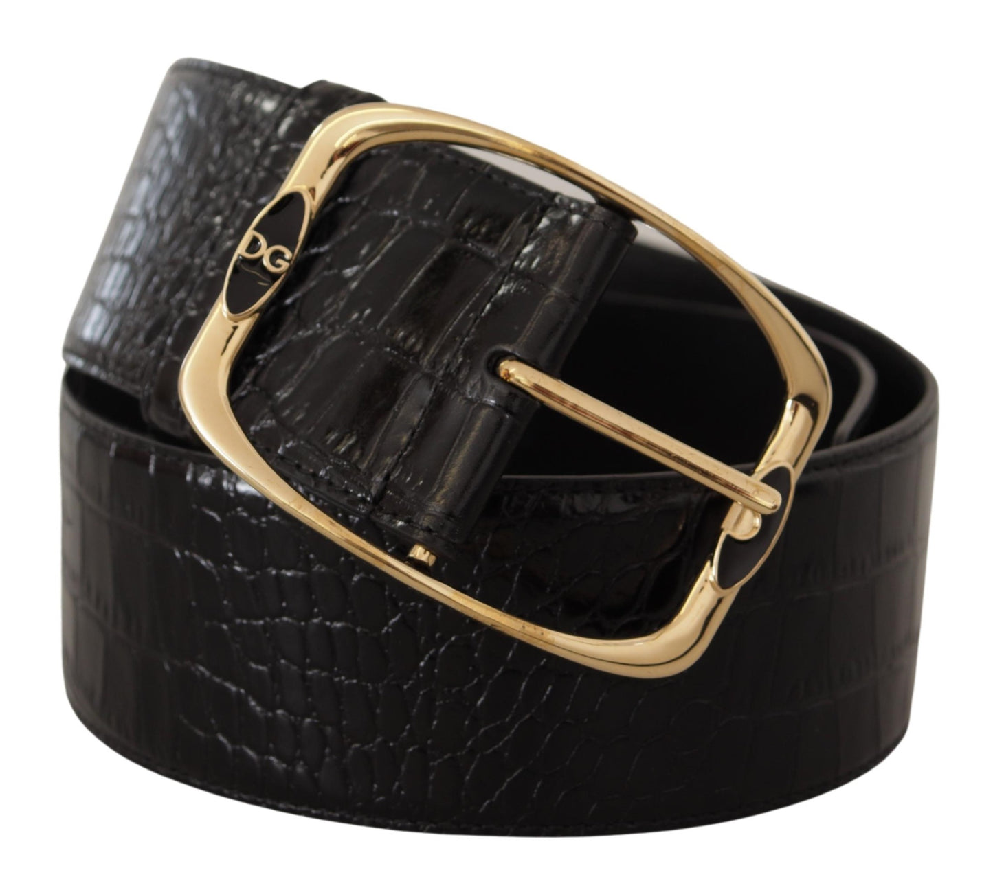 Dolce & Gabbana Schwarzer Krokodil Print Gold Metall DG Logo Schnalle Gürtel