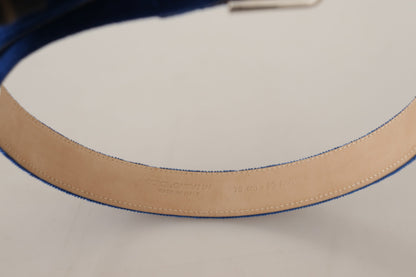 Dolce & Gabbana Blauer Samt Silber Logo gravierte Metallschnalle Gürtel