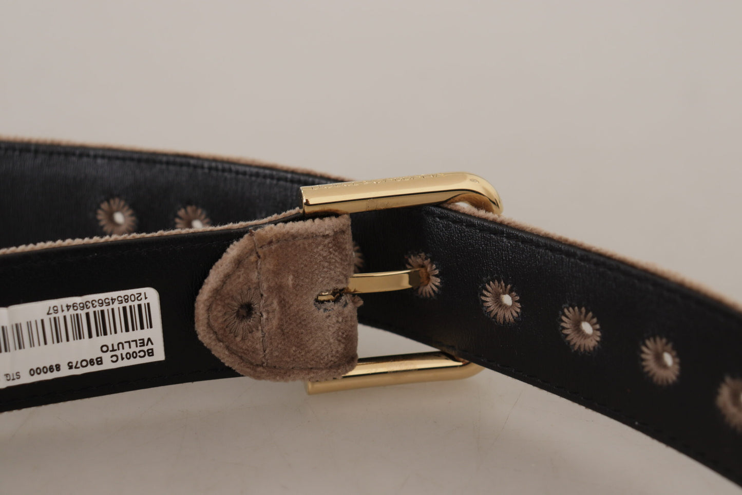 Dolce & Gabbana Hellbrauner Samtgürtel mit goldfarbener Logo-Metallschnalle