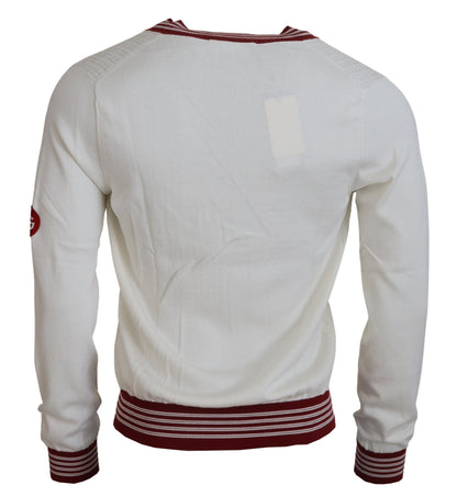 Dolce & Gabbana Weiß-Rot gestrickter Pullover mit V-Ausschnitt