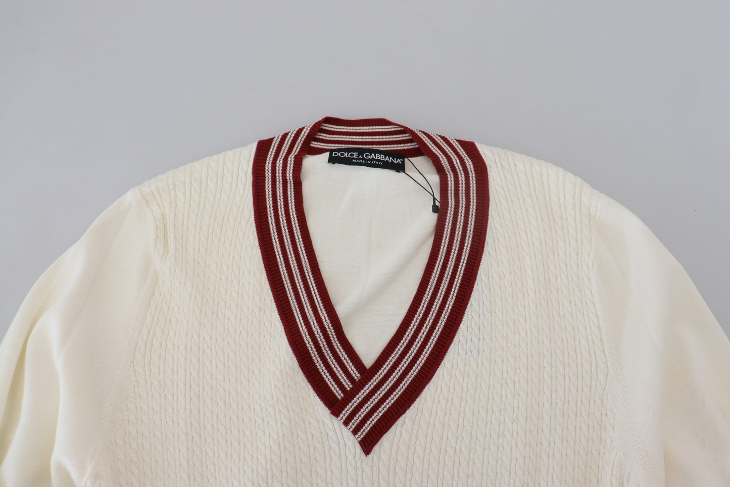 Dolce & Gabbana Weiß-Rot gestrickter Pullover mit V-Ausschnitt