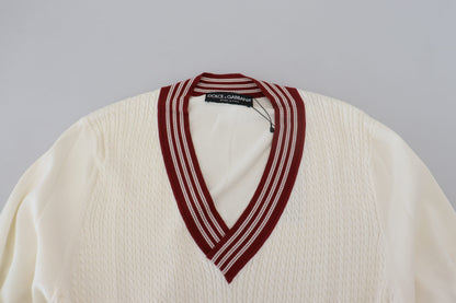 Dolce & Gabbana Weiß-Rot gestrickter Pullover mit V-Ausschnitt