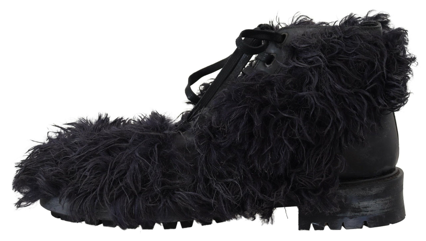 Dolce & Gabbana Schwarz Leder Combat Shearling Stiefel Schuhe