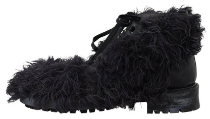 Dolce & Gabbana Schwarz Leder Combat Shearling Stiefel Schuhe