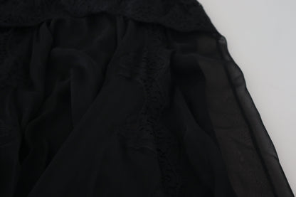 Dolce & Gabbana Schwarzer Seiden-Spitzenbesatz Midirock mit hoher Taille