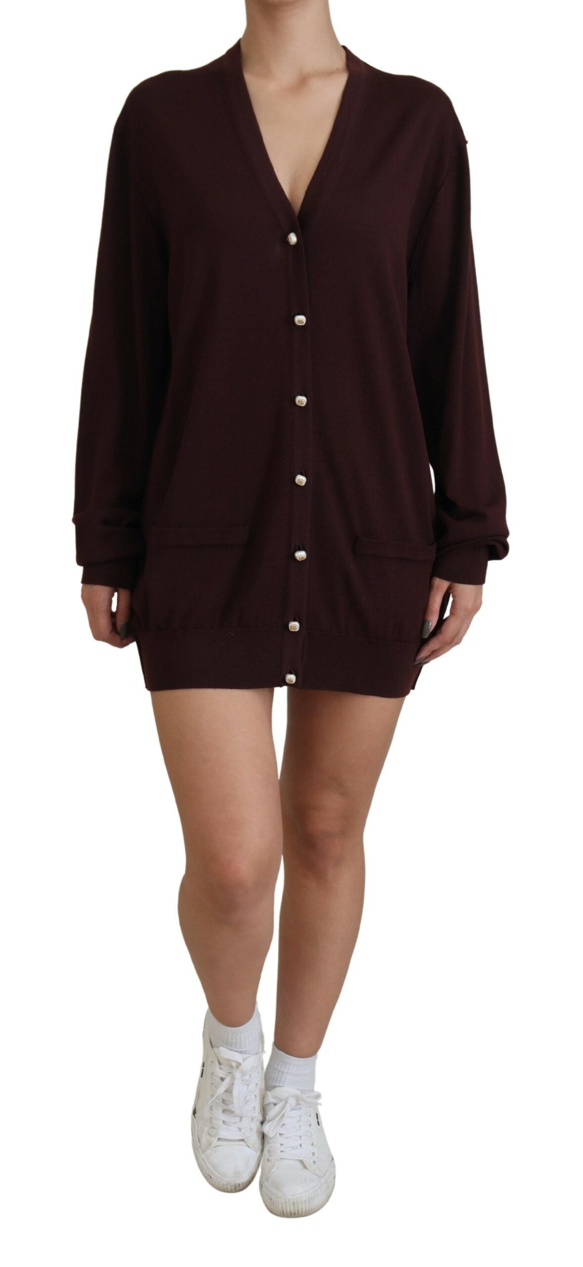 Dolce & Gabbana Kastanienbrauner Wollstrickpullover mit tiefem V-Ausschnitt