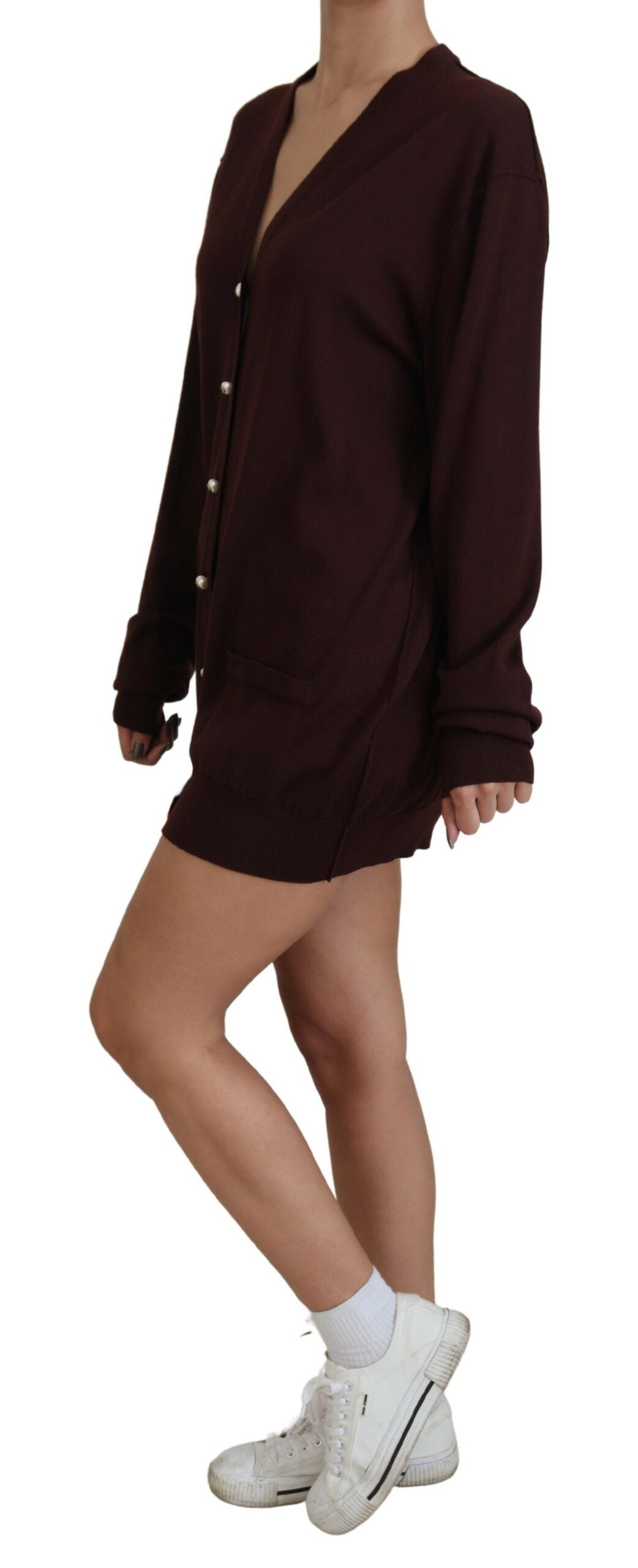 Dolce & Gabbana Kastanienbrauner Wollstrickpullover mit tiefem V-Ausschnitt