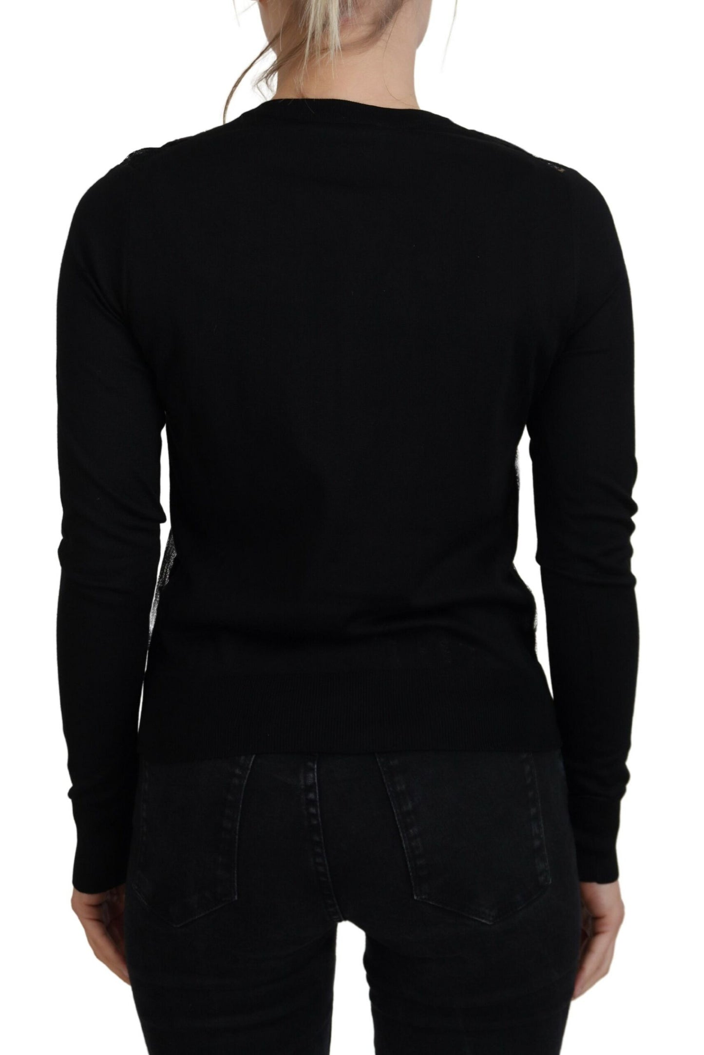 Dolce & Gabbana Schwarzer Strickpullover mit floraler Spitze und Knopfleiste