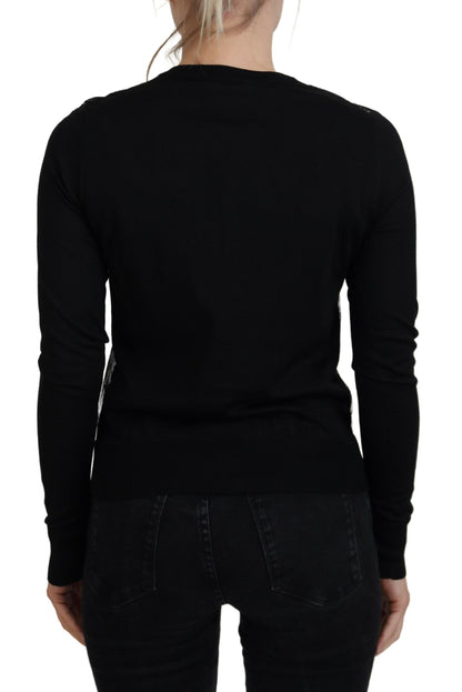 Dolce & Gabbana Schwarzer Strickpullover mit floraler Spitze und Knopfleiste