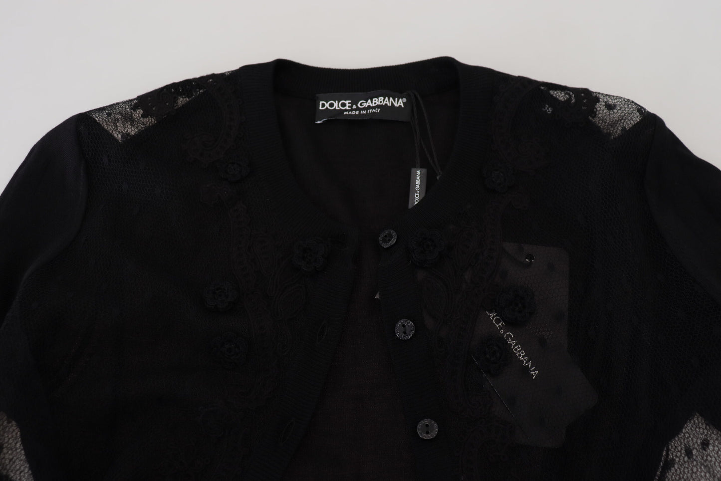 Dolce & Gabbana Schwarzer Strickpullover mit floraler Spitze und Knopfleiste