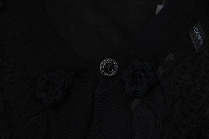 Dolce & Gabbana Schwarzer Strickpullover mit floraler Spitze und Knopfleiste
