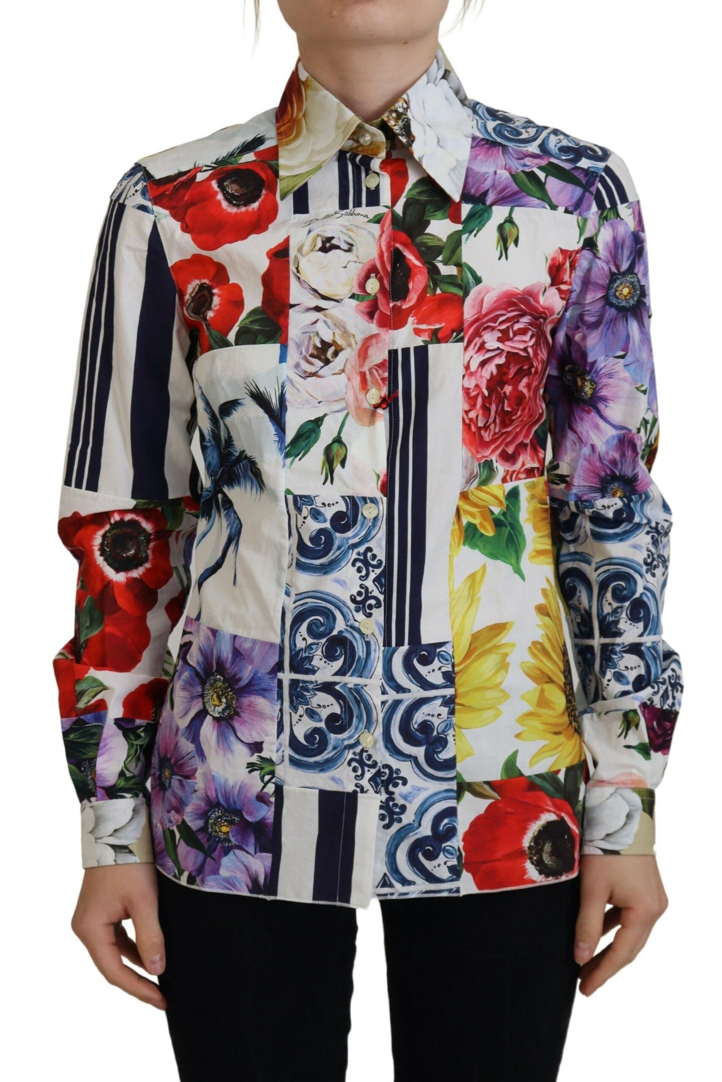 Dolce & Gabbana Multicolor Floral Baumwollbluse mit Kragen