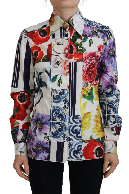 Dolce & Gabbana Multicolor Floral Baumwollbluse mit Kragen