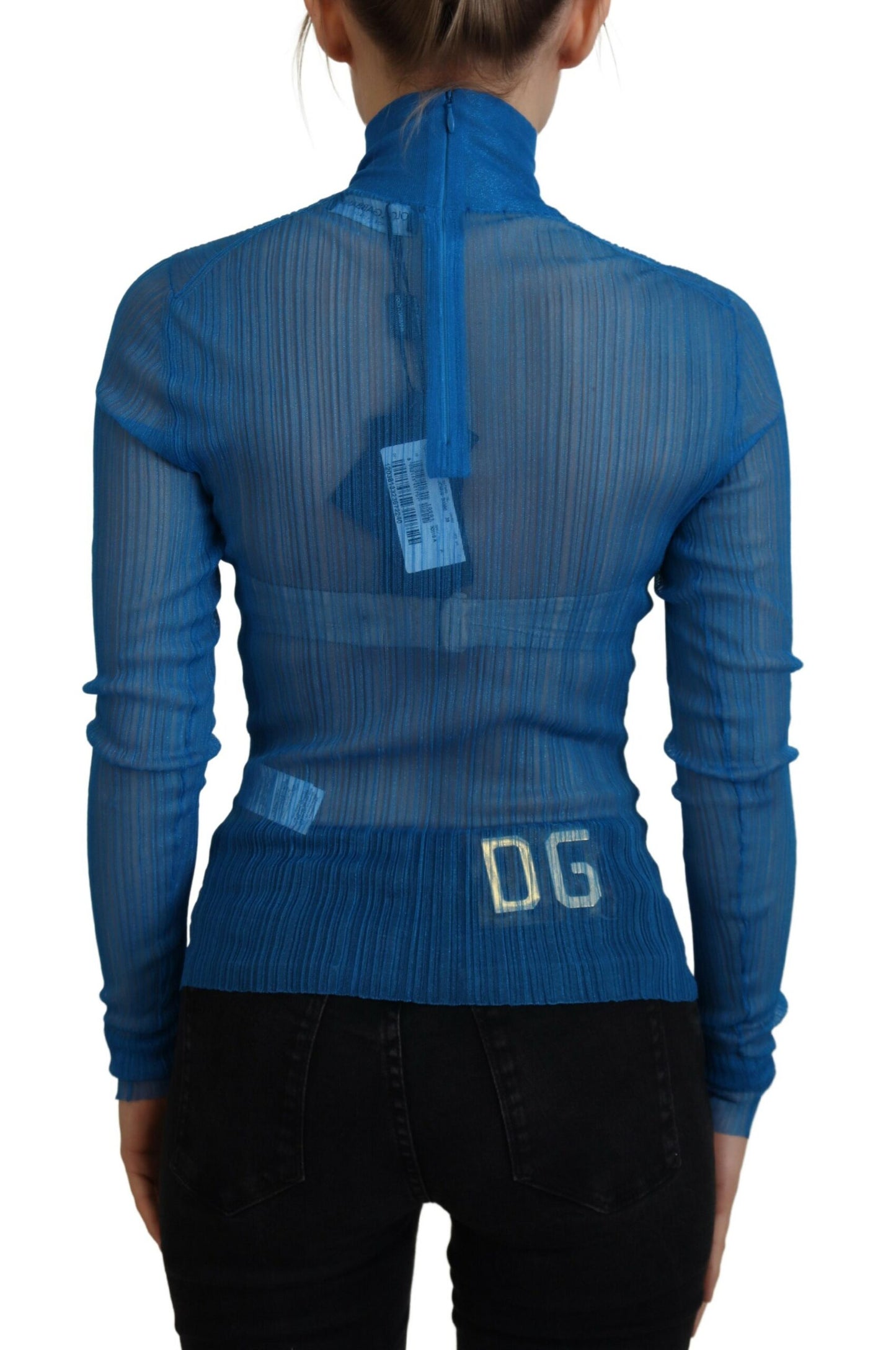 Dolce & Gabbana Blaues Netz-Rollkragen-Langarmblusen-Top