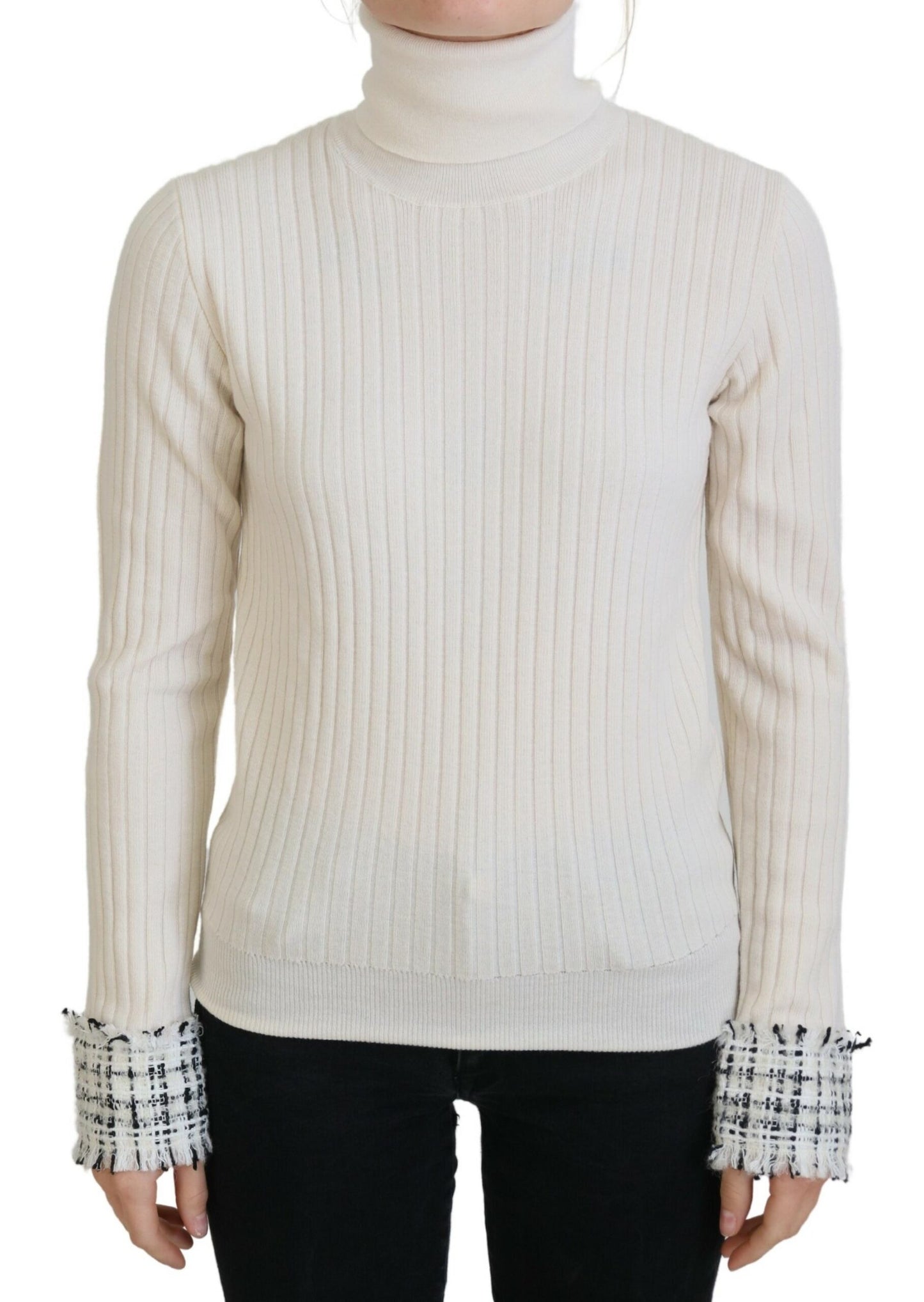Dolce & Gabbana Elfenbeinfarbener Rollkragenpullover mit ausgefranster Manschette