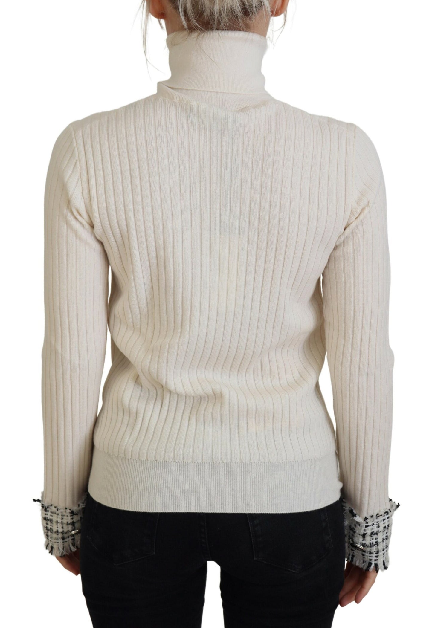 Dolce & Gabbana Elfenbeinfarbener Rollkragenpullover mit ausgefranster Manschette