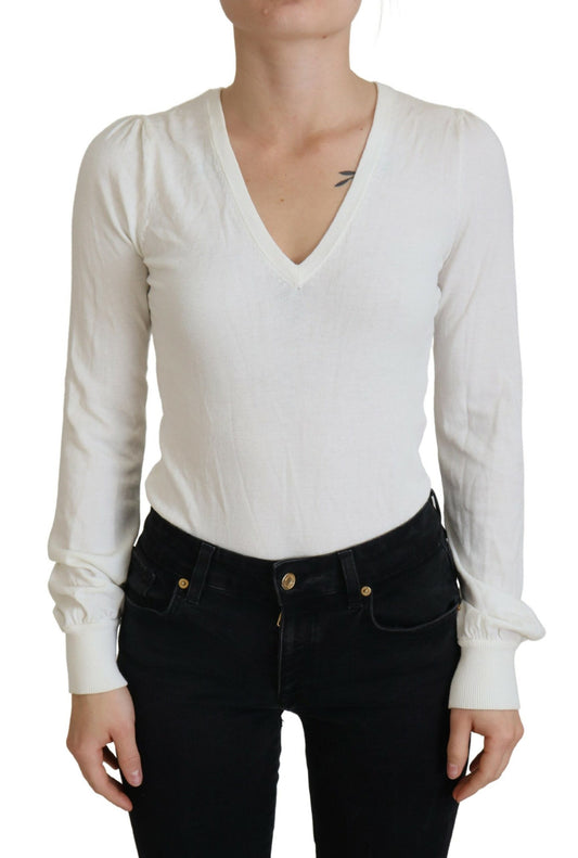 Patrizia Pepe Elfenbeinfarbener V-Ausschnitt mit langen Ärmeln Damen Bluse Top