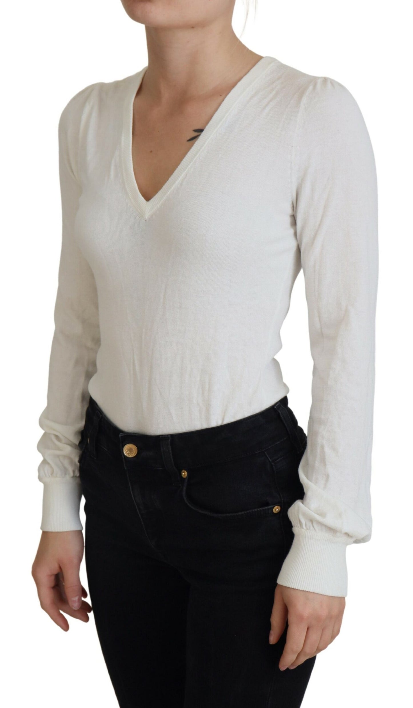 Patrizia Pepe Elfenbeinfarbener V-Ausschnitt mit langen Ärmeln Damen Bluse Top