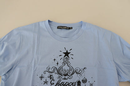Dolce & Gabbana Hellblau Frohes Neues Jahr 2017 T-Shirt aus Baumwolle
