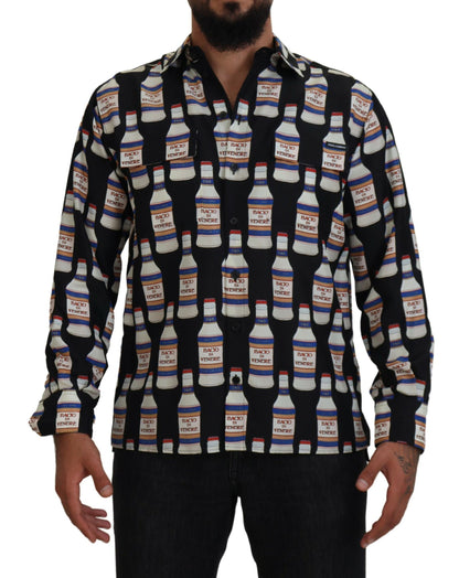 Dolce & Gabbana Schwarzes Seidenhemd mit bedrucktem Kragen für Männer Freizeithemd