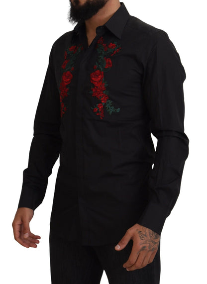 Dolce & Gabbana Schwarz Floral Stickerei Männer Lange Ärmel GOLD Hemd