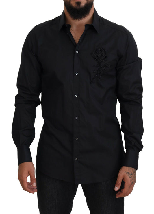 Dolce & Gabbana Schwarzes Rosen Slim Fit Baumwollhemd