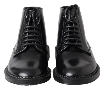 Dolce & Gabbana Schwarze Leder Herren Kurzstiefel Schnürschuhe