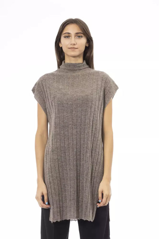 Alpha Studio Brauner Wollpullover für Frauen mit Rollkragen und Seitenschlitzen