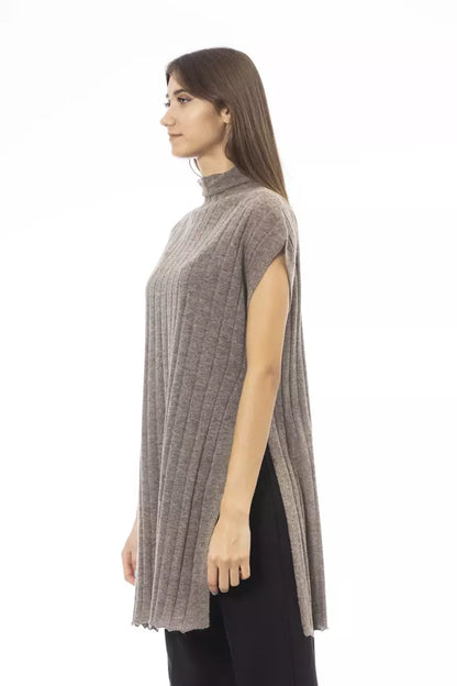 Alpha Studio Brauner Wollpullover für Frauen mit Rollkragen und Seitenschlitzen