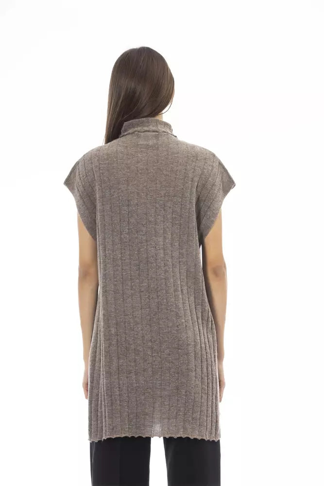 Alpha Studio Brauner Wollpullover für Frauen mit Rollkragen und Seitenschlitzen