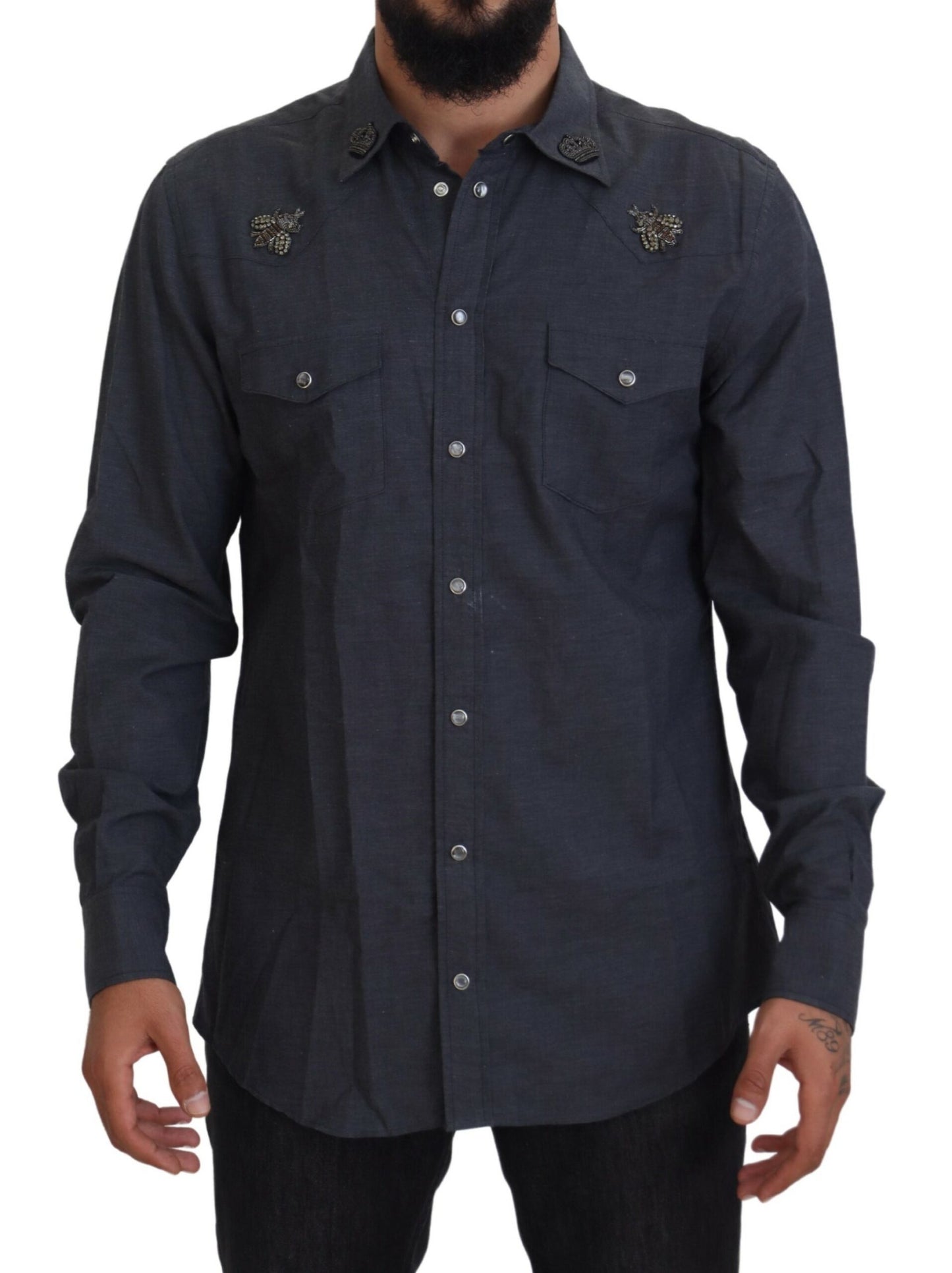 Dolce & Gabbana Blaues Baumwoll-Denim-Kristallbienenhemd
