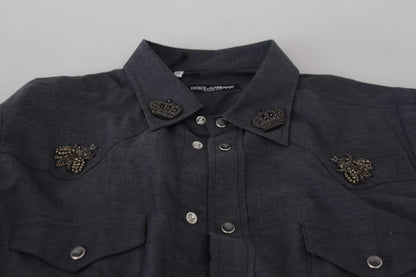 Dolce & Gabbana Blaues Baumwoll-Denim-Kristallbienenhemd
