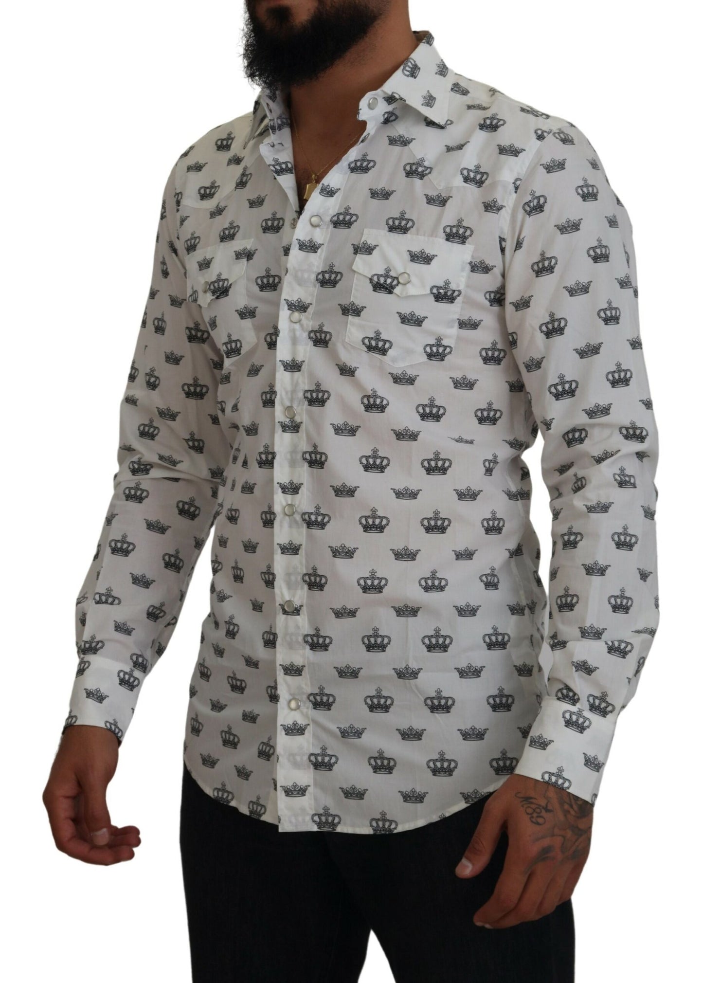 Dolce & Gabbana Weißes Crown Print Slim Fit Baumwollhemd