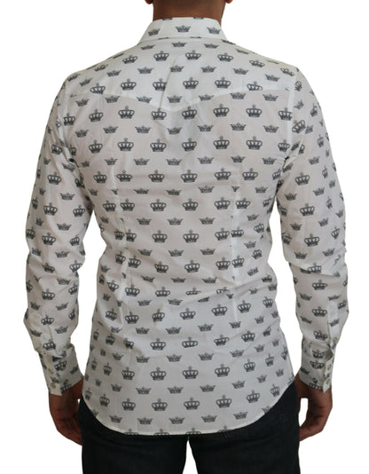 Dolce & Gabbana Weißes Crown Print Slim Fit Baumwollhemd