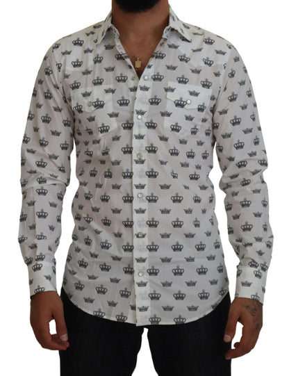 Dolce & Gabbana Weißes Crown Print Slim Fit Baumwollhemd