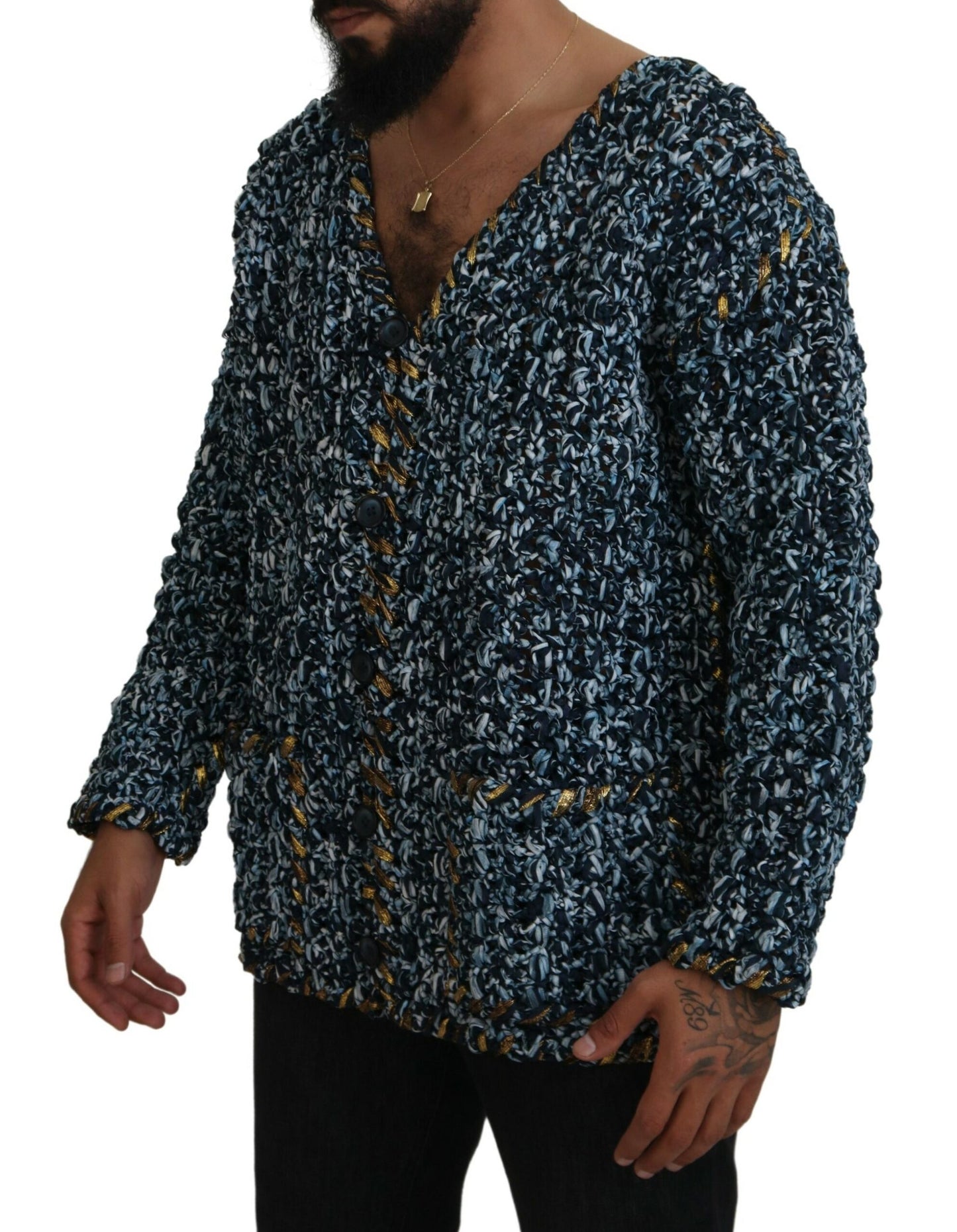 Dolce & Gabbana Blaue Knopf-Strickjacke Fatto A Mano Pullover