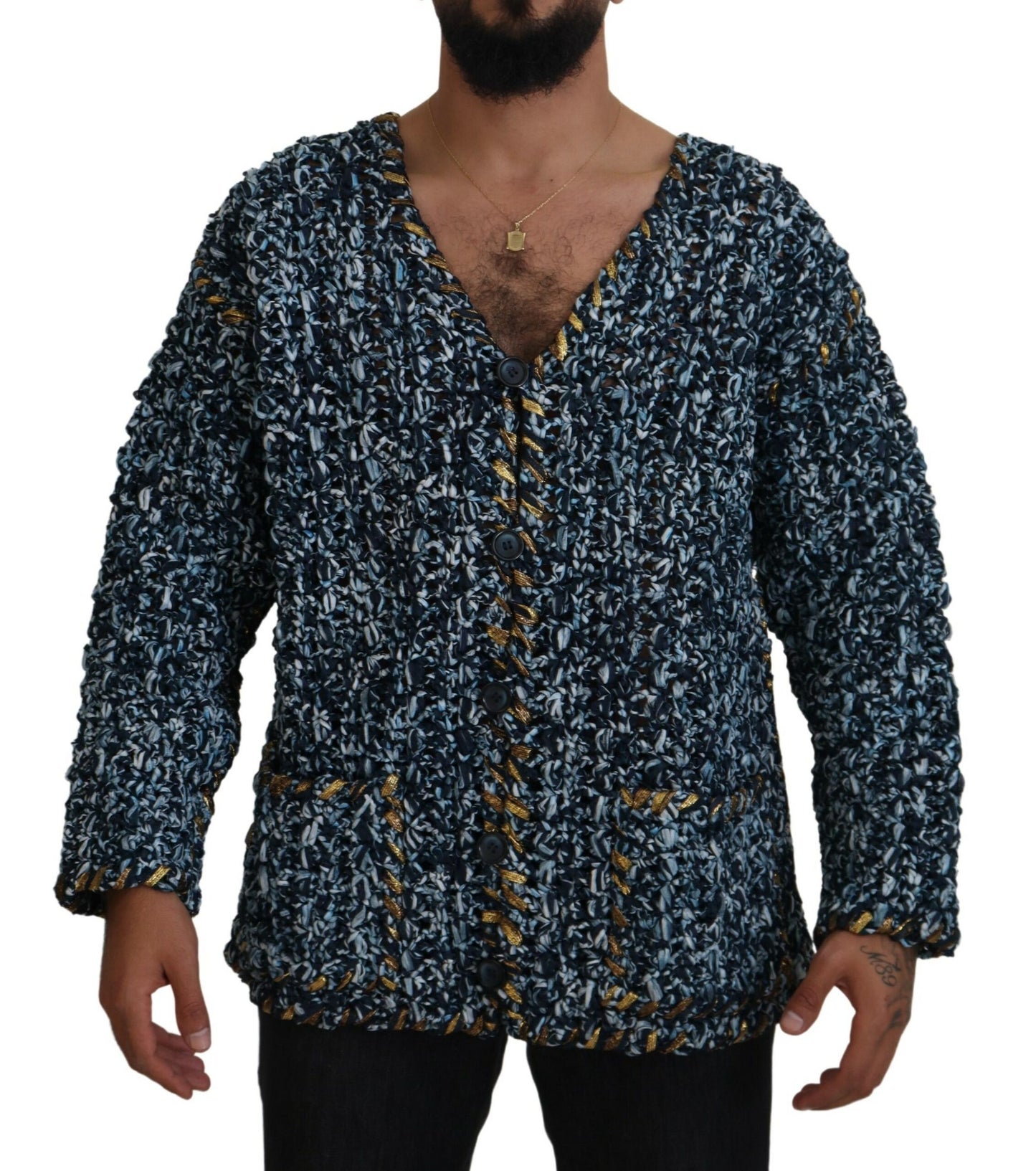 Dolce & Gabbana Blaue Knopf-Strickjacke Fatto A Mano Pullover