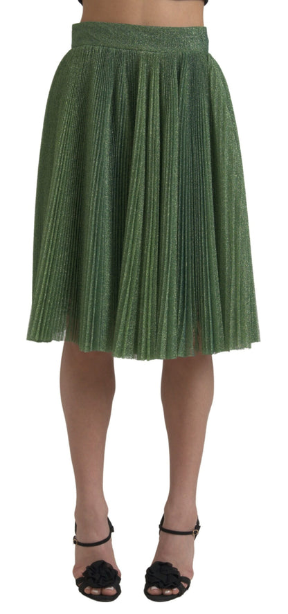 Dolce & Gabbana Grüner Metallic-Faltenrock mit hoher Taille und Faltenwurf