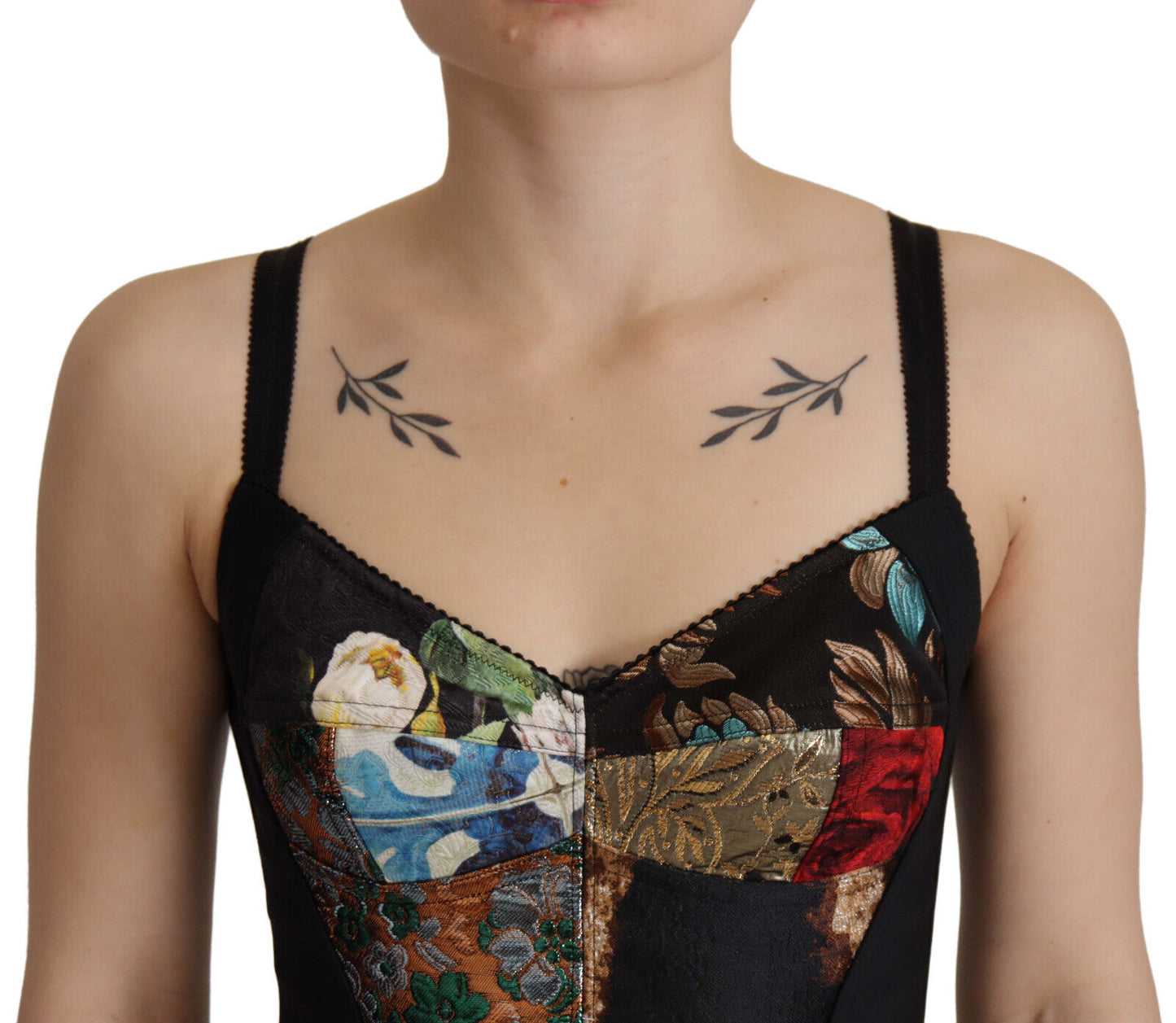 Dolce & Gabbana Schwarzes Patchwork Sizilien Bluse Korsett Cropped Top