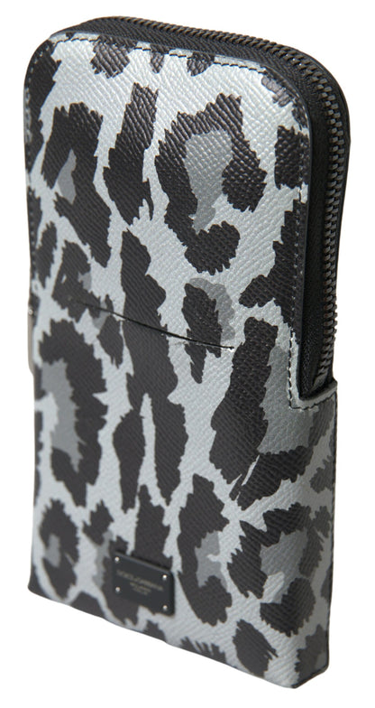 Dolce & Gabbana Grauer Leopard Leder Männer Geldbörse Crossbody Sling Telefon Tasche