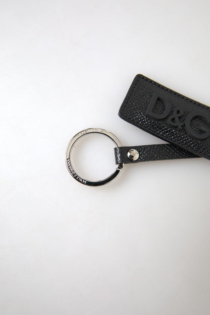 Dolce & Gabbana Schwarzes DG Logo Leder Silber Metall Schlüsselanhänger