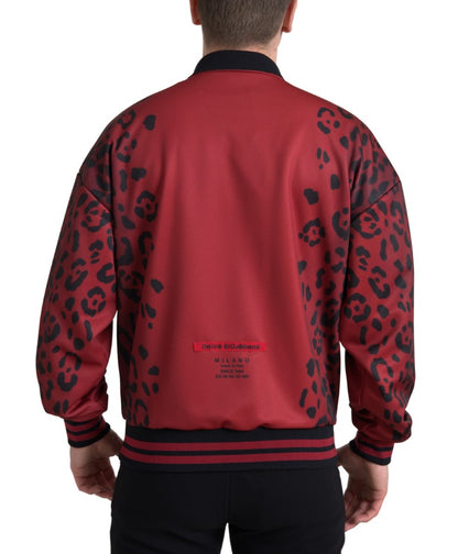 Dolce & Gabbana Rote Leoparden-Polyester-Bomberjacke mit durchgehendem Reißverschluss