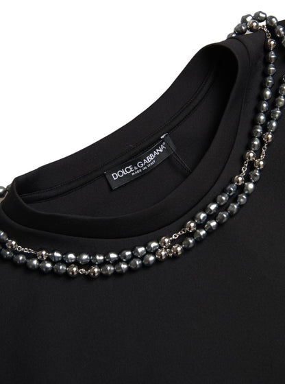 Dolce & Gabbana Schwarzes T-Shirt aus Polyester mit Halskettenverzierung