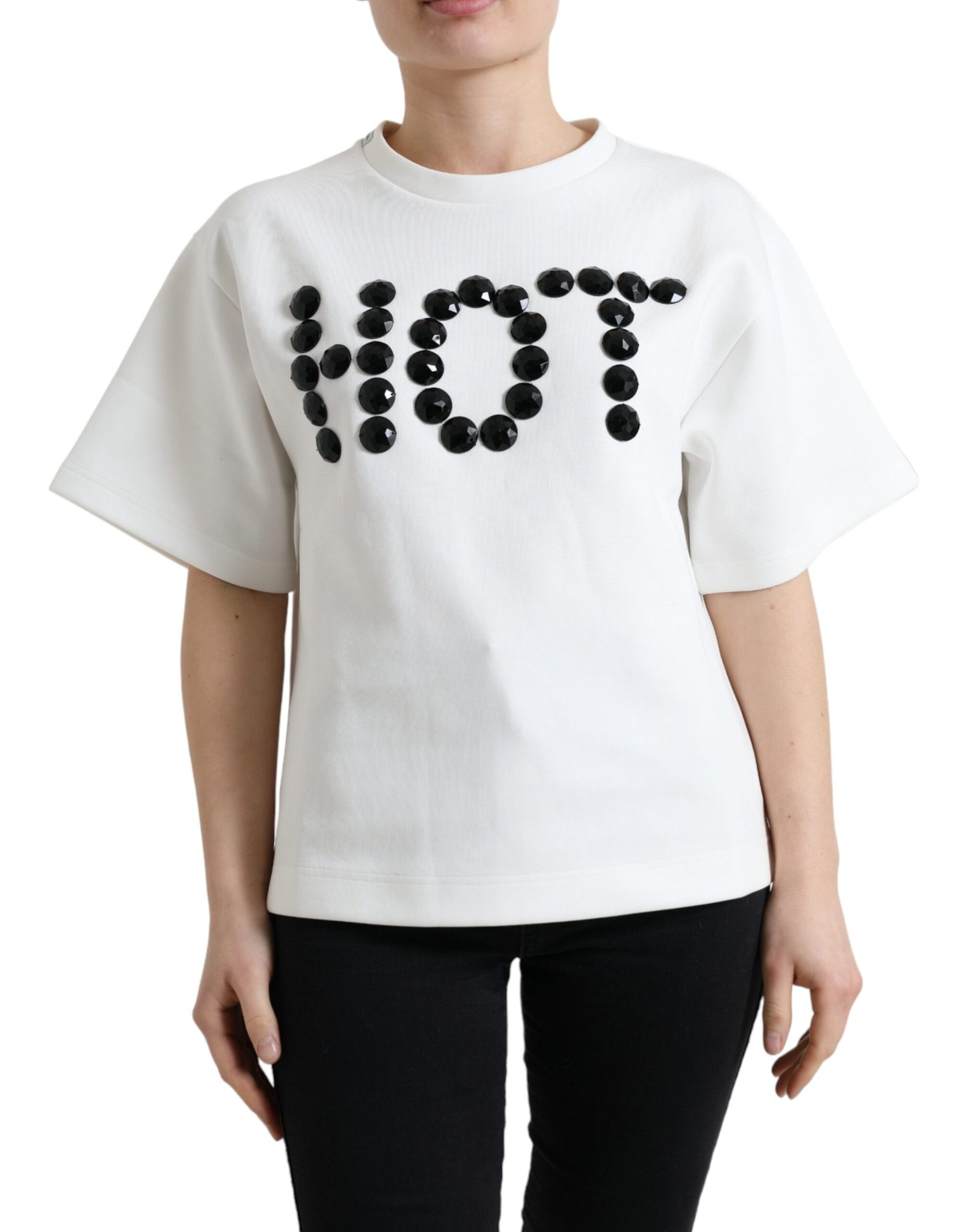 Dolce & Gabbana T-shirt Weiß Baumwolle Stretch Schwarz HOT Crystal