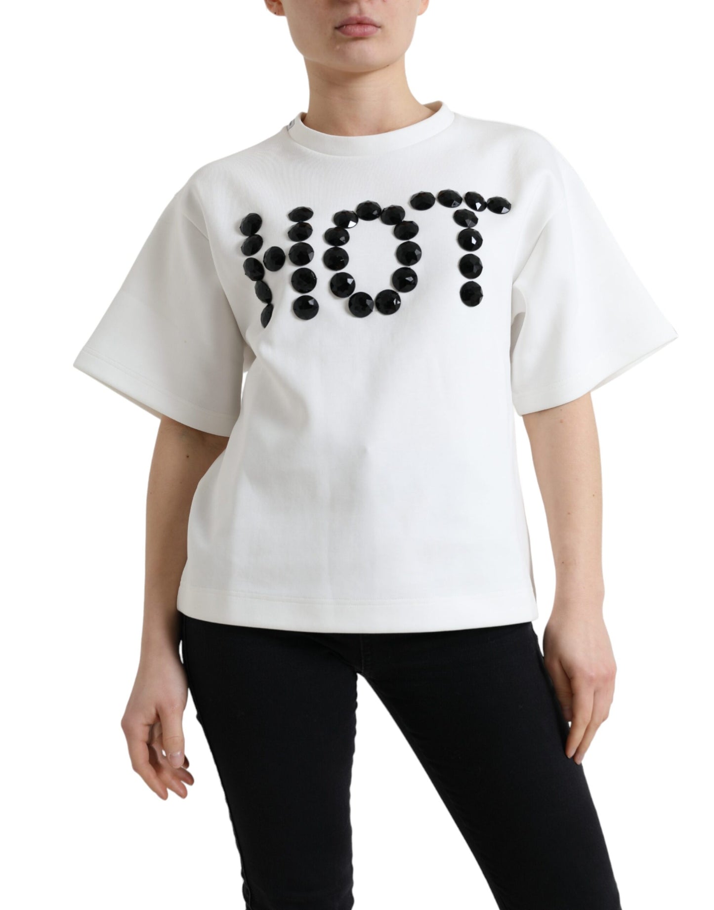Dolce & Gabbana T-shirt Weiß Baumwolle Stretch Schwarz HOT Crystal