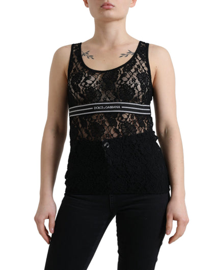Dolce & Gabbana Schwarzes Logo-Streifen-Spitzen-Tank-Top ohne Ärmel