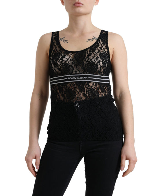 Dolce & Gabbana Schwarzes Logo-Streifen-Spitzen-Tank-Top ohne Ärmel